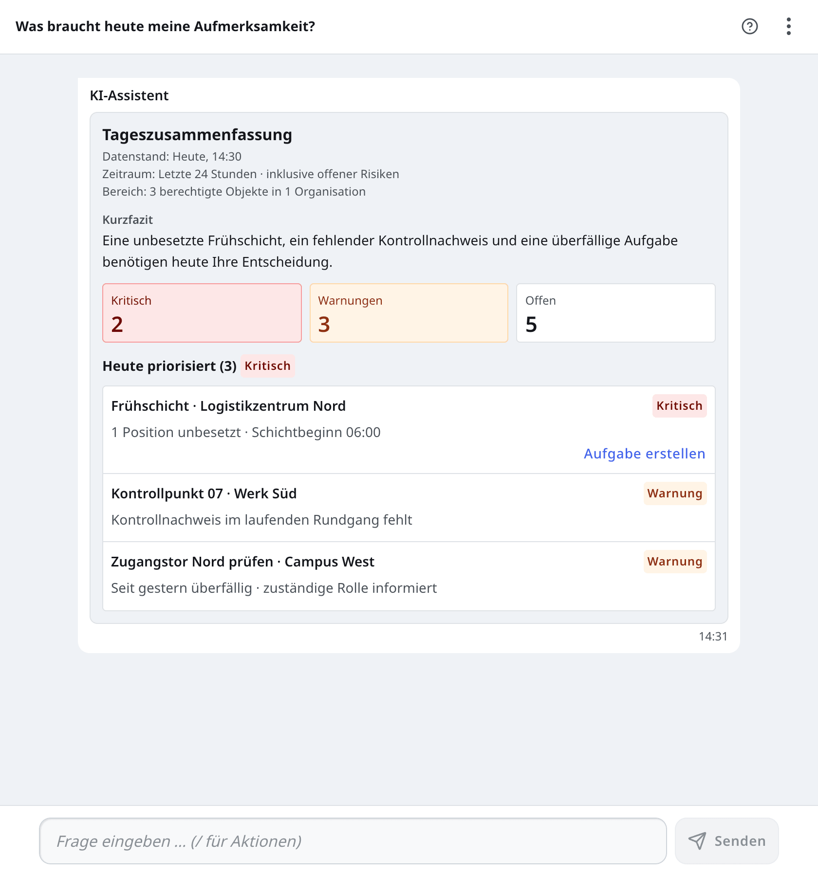 Vollständiges Agent-One-Interface mit Tageszusammenfassung, Prioritäten, Fachlinks und sichtbarem Eingabefeld.