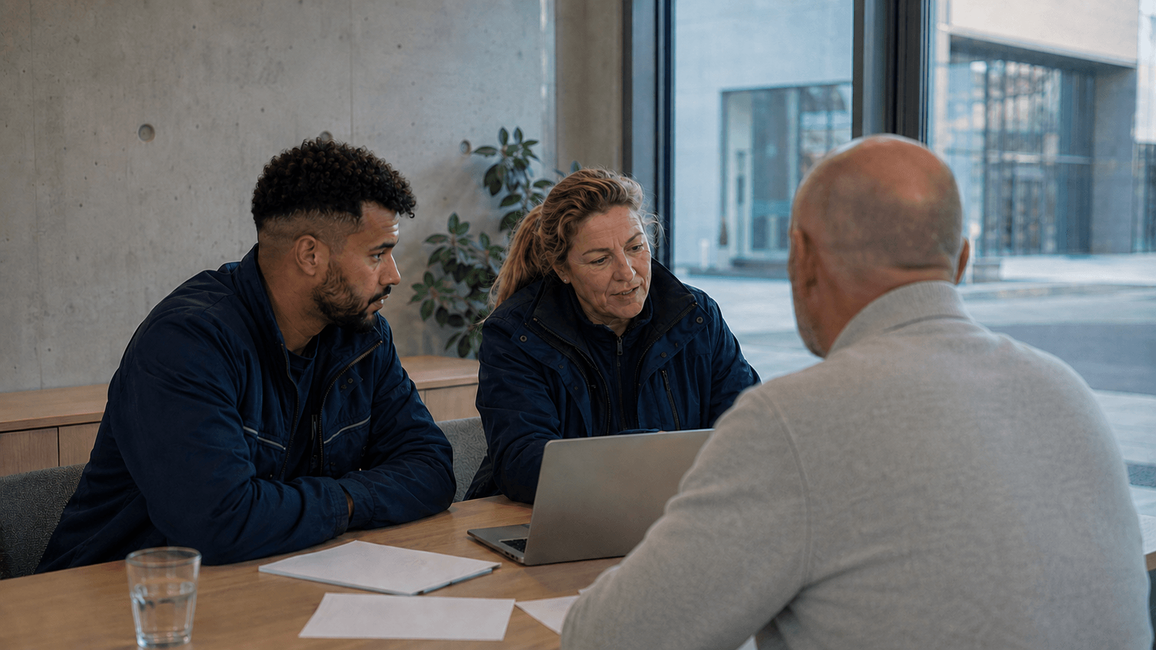 Fiktive Workshop-Szene: Zwei Sicherheitsmitarbeitende besprechen einen Arbeitsablauf mit einer Person aus der Produktentwicklung im hellen Pullover.
