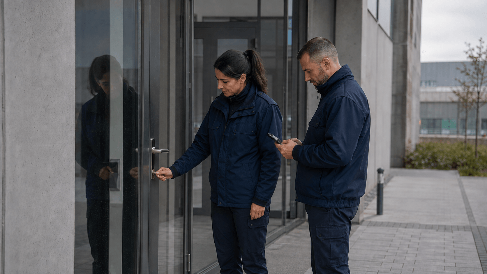 Fiktive Szene: Eine Sicherheitsmitarbeiterin schließt eine Tür auf, während ihr Kollege die Arbeit auf dem Smartphone dokumentiert.